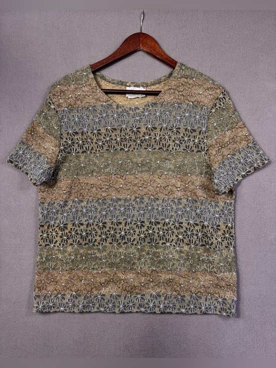 Kathie Lee Collection Tops - Vintage Y2K Kathie Lee Earth Tone Multicolor Lace Mesh Short Sleeve Top, XL